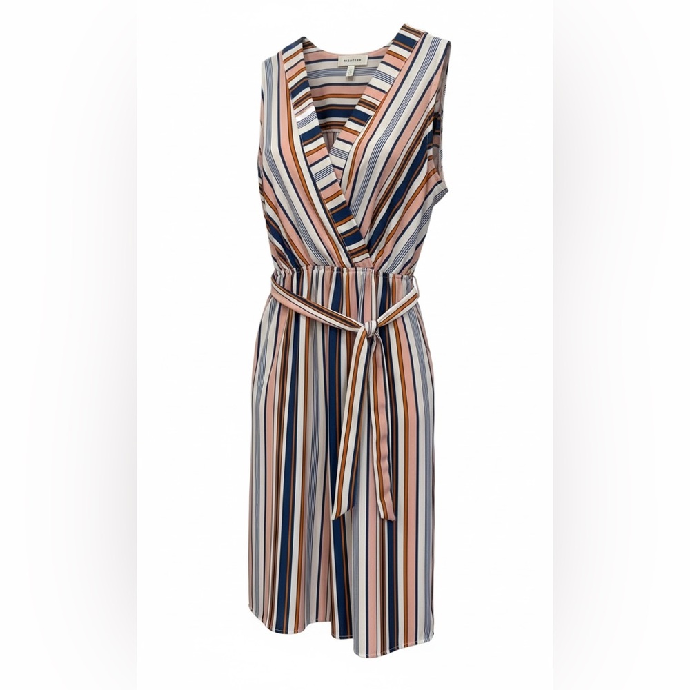 Monteau Striped Sleeveless Wrap Midi Dress in Navy, Blush & Cream